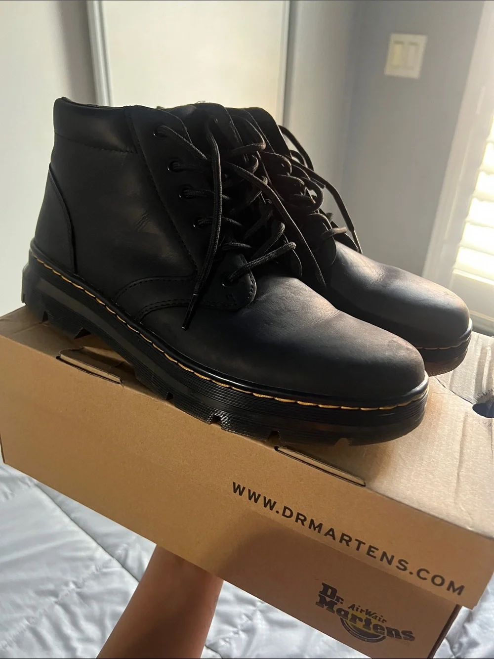 Dr. Martens Black Lace-Up Boots with Yellow Stitching